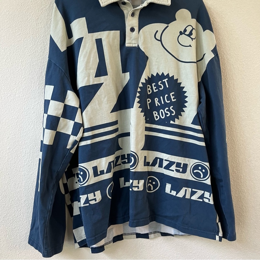 Lazy Oaf Blue and White Graphic Long Sleeve Shirt part button up - Picture 2 of 9